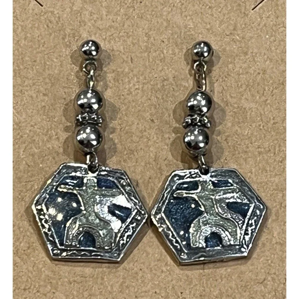 Edgar Berebi VTG Earrings Blue Enamel Silver Tone Triangle Dangle Signed Boho